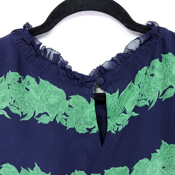 J.Crew Silk Ruffle Blouse Womens Size 12 Top Beanstalk Stripe Navy Green Retro - Picture 10 of 13